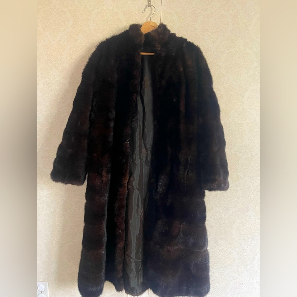 Real fur long chocolate brown coat